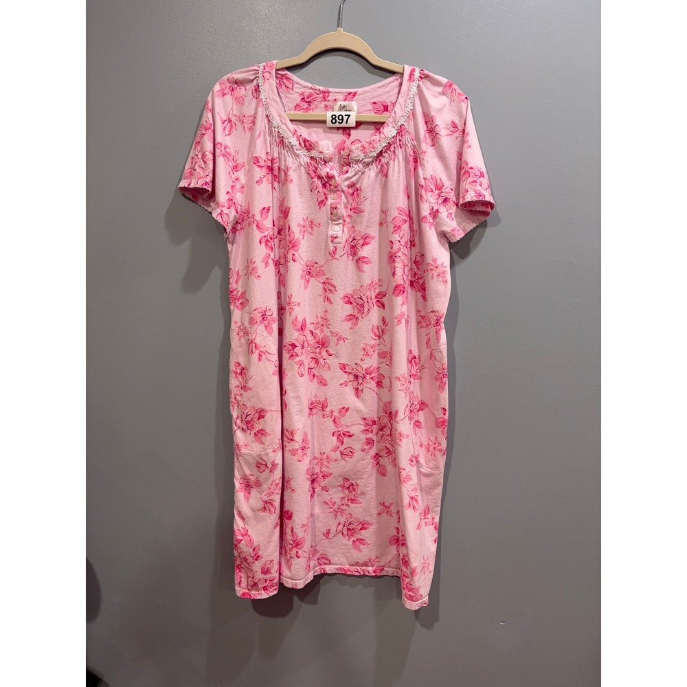 Aria Collection Womens Pink Floral Short Sleeve Nightgown Lace Trim Pockets XL